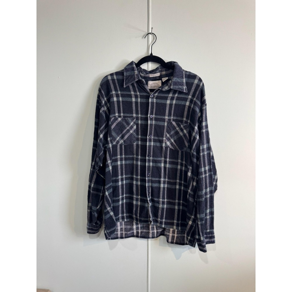 VTG Saugatuck Shirt Mens 2XL Blue Plaid Flannel Button Front Long Sleeve Casual
